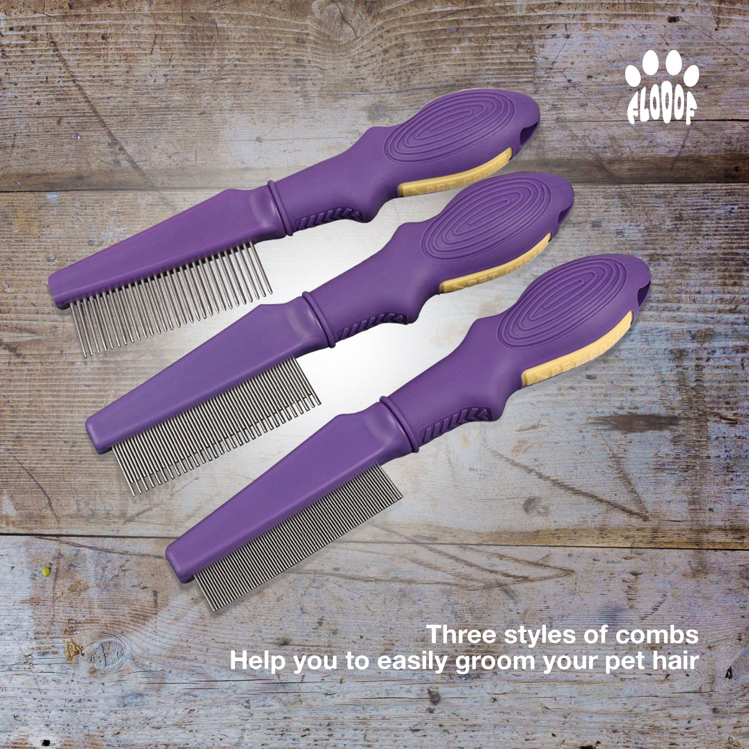Flooof Hair Comb for Dogs Cats Easy Grip Rubber Handle Grooming Brushe for Removing Tear Stains, Lice, Dandruff - Flea Lice Comb for Dogs and Cats - Dog Brush for Shedding and Grooming - The Fusion Square