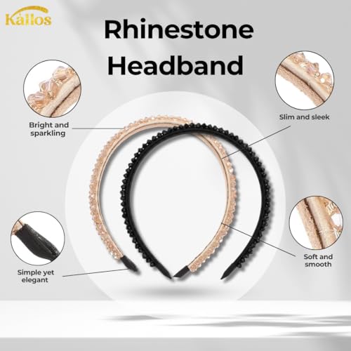 Kàllos Rhinestone Padded Headbands for Women – 2 Pack Crystal Hair Bands with Inner Velvet Strip for Comfrotable Grip No-Damage Non Slip Hair Accessories for Weddings, Parties and Everyday Glam