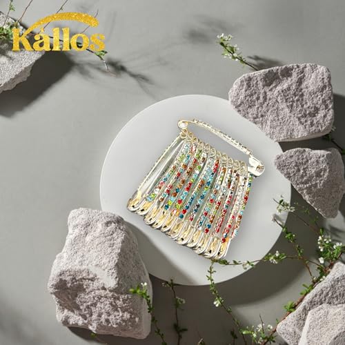 Safety Pins 12-Piece Elegant Decorative Safety Brooch Pins with Faux Crystal - Diamond stones Designer and versatile Pins for Sarees, Clothing, and Crafts by Kàllos