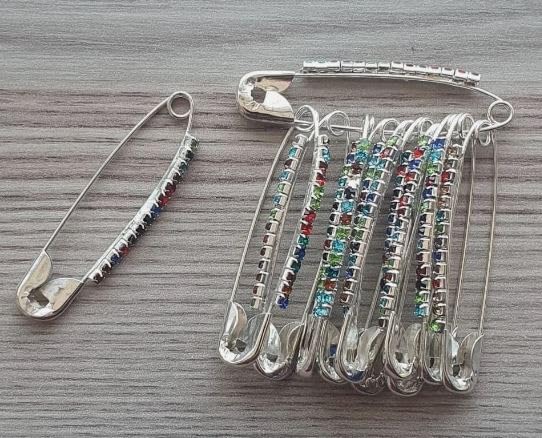 Safety Pins 12-Piece Elegant Decorative Safety Brooch Pins with Faux Crystal - Diamond stones Designer and versatile Pins for Sarees, Clothing, and Crafts by Kàllos