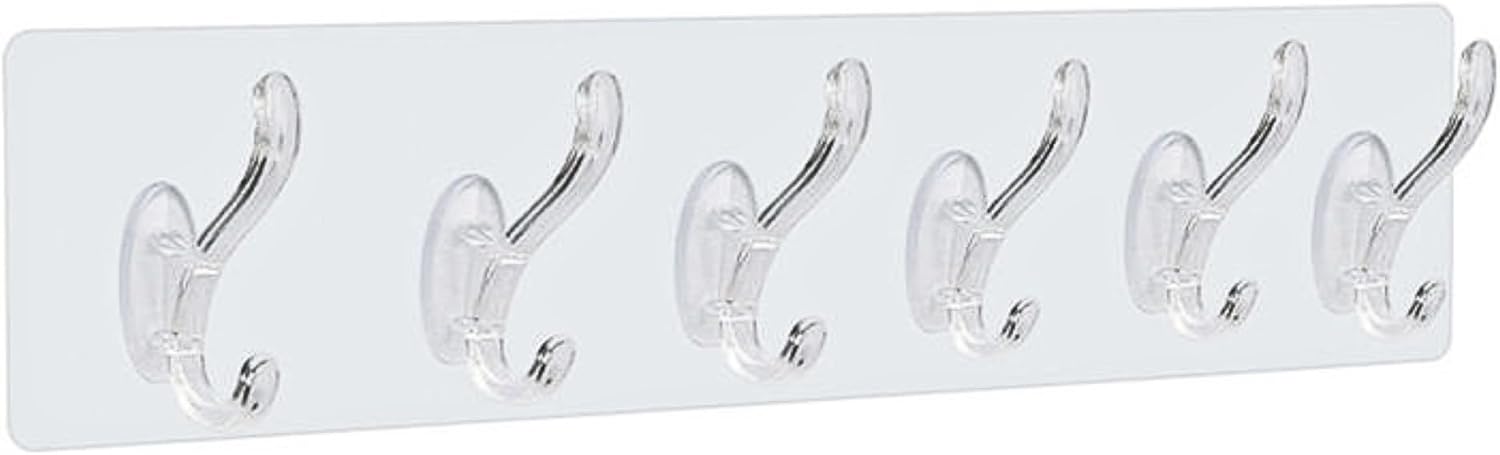 6-in-1 Adhesive Wall Hooks Strip Transparent Heavy-Duty Self-Adhesive Hooks for Bathroom Kitchen and Bedroom Waterproof No-Drill Required Wall Hanger and Organiser Strong Hold Up to 10KG