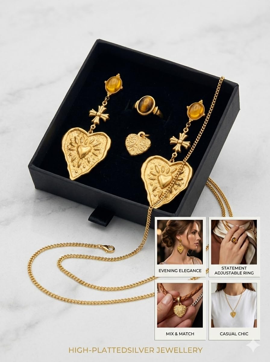 Kàllos 18K Gold Plated Jewelry Gift Box Set for Women Cute Heart Pendant Necklace Earrings Adjustable Ring and Chain Luxury Gift for your loved ones for every Special Occasion with Premium Box