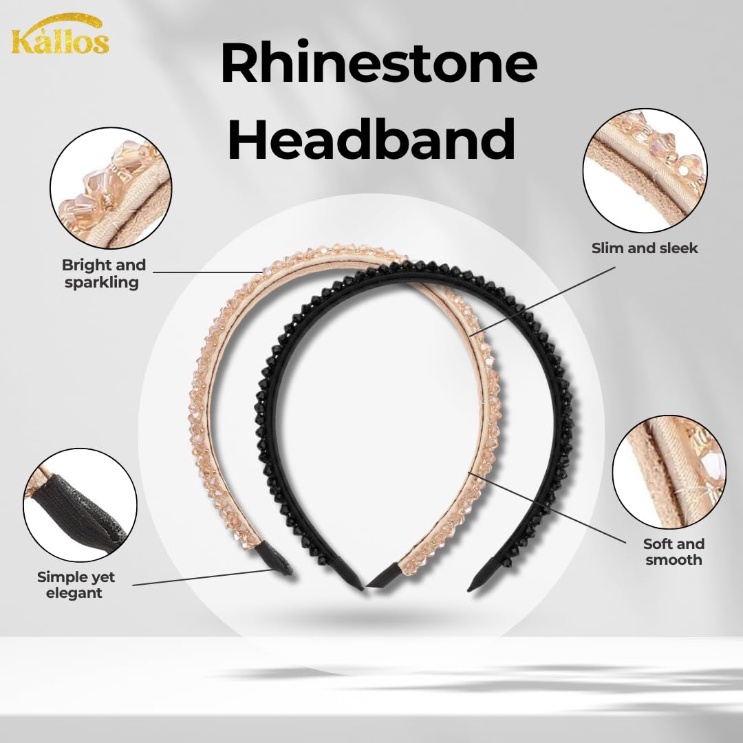 Kàllos Rhinestone Padded Headbands for Women – 2 Pack Crystal Hair Bands with Inner Velvet Strip for Comfrotable Grip No-Damage Non Slip Hair Accessories for Weddings, Parties and Everyday Glam