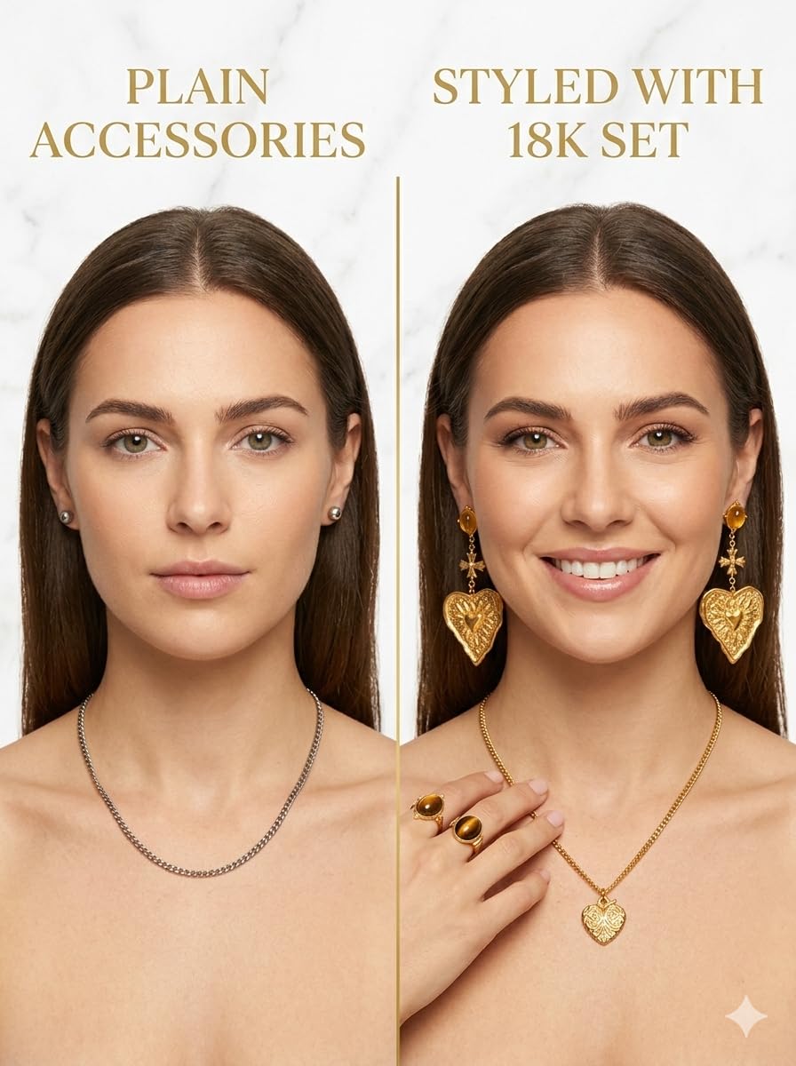 Kàllos 18K Gold Plated Jewelry Gift Box Set for Women Cute Heart Pendant Necklace Earrings Adjustable Ring and Chain Luxury Gift for your loved ones for every Special Occasion with Premium Box