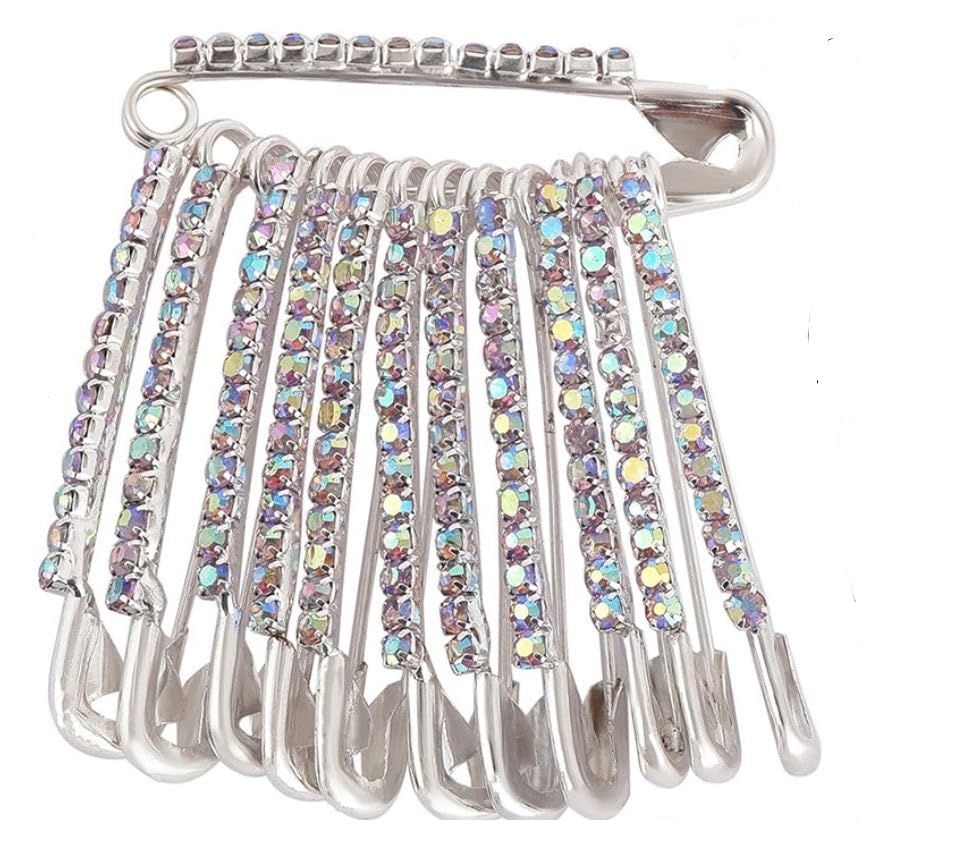 Safety Pins 12-Piece Elegant Decorative Safety Brooch Pins with Faux Crystal - Diamond stones Designer and versatile Pins for Sarees, Clothing, and Crafts by Kàllos