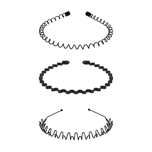 Kàllos 3 Pack Non-Slip Black Metal Hair Bands – Unisex Sports & Spa Headbands for Men & Women in Zigzag, Spring & Wavy Styles, Durable for All Hair Types - Ideal for Fitness, Gym & Daily Use
