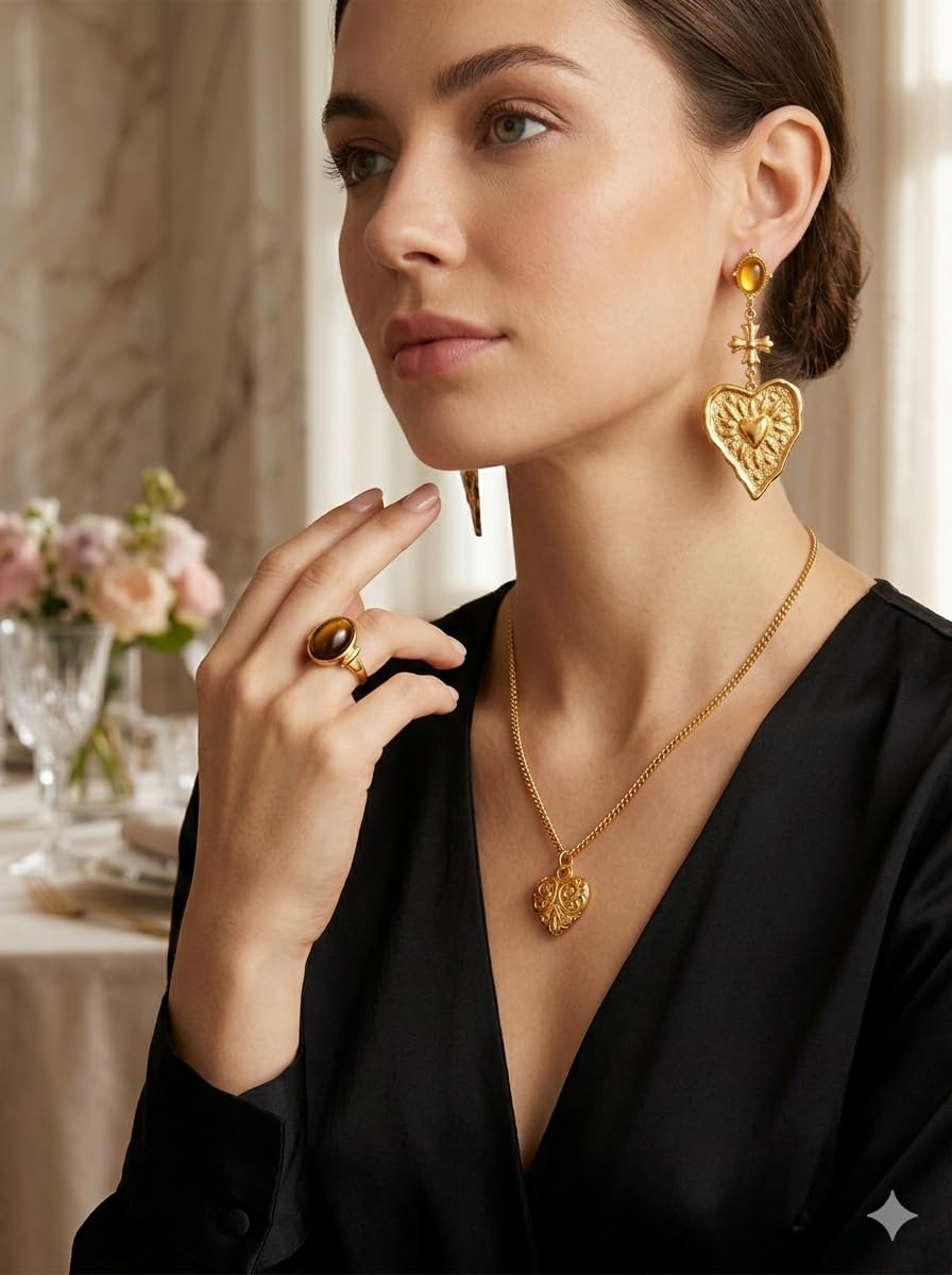 Kàllos 18K Gold Plated Jewelry Gift Box Set for Women Cute Heart Pendant Necklace Earrings Adjustable Ring and Chain Luxury Gift for your loved ones for every Special Occasion with Premium Box