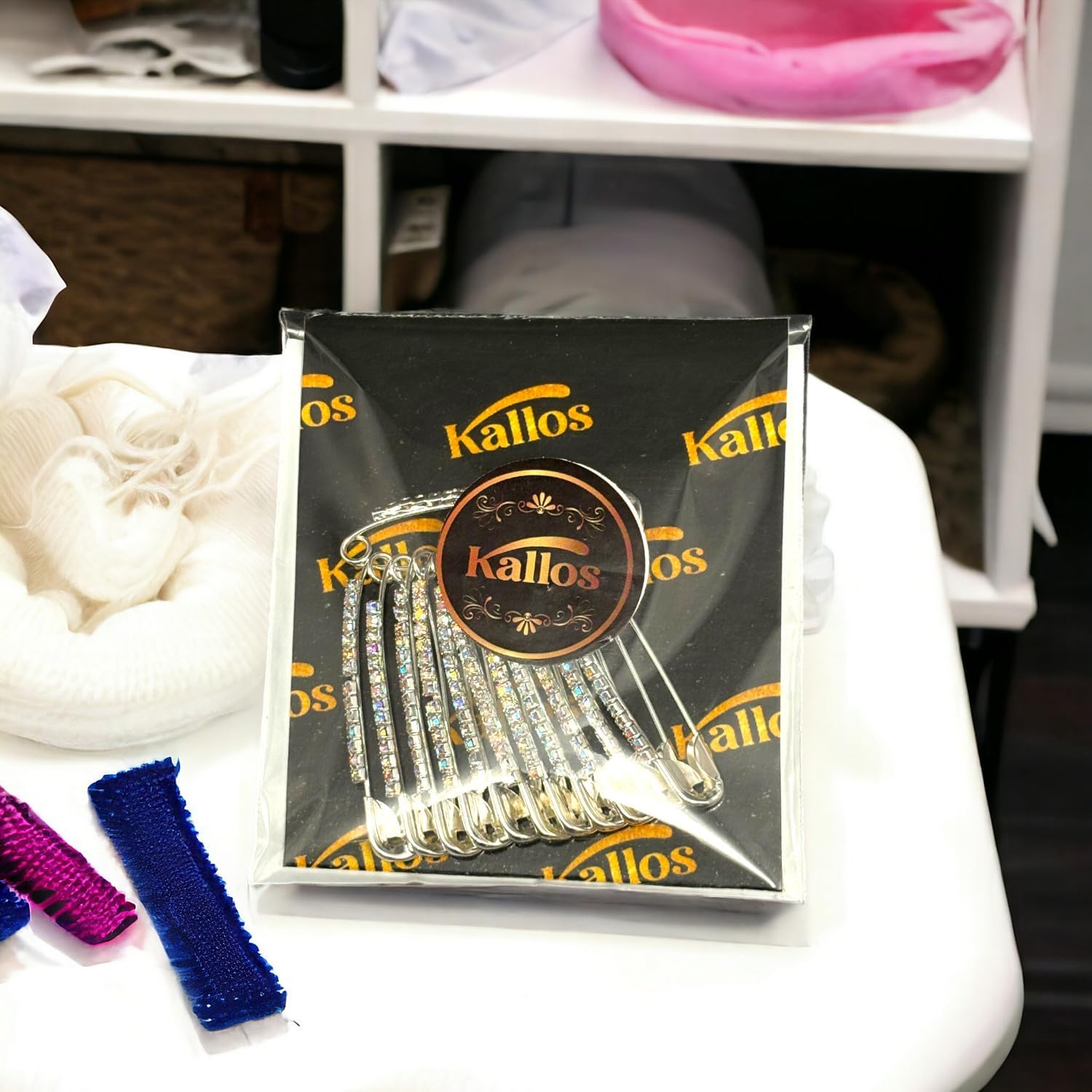 Safety Pins 12-Piece Elegant Decorative Safety Brooch Pins with Faux Crystal - Diamond stones Designer and versatile Pins for Sarees, Clothing, and Crafts by Kàllos