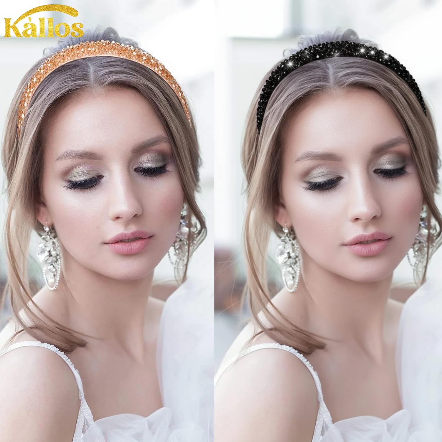 Kàllos Rhinestone Padded Headbands for Women – 2 Pack Crystal Hair Bands with Inner Velvet Strip for Comfrotable Grip No-Damage Non Slip Hair Accessories for Weddings, Parties and Everyday Glam