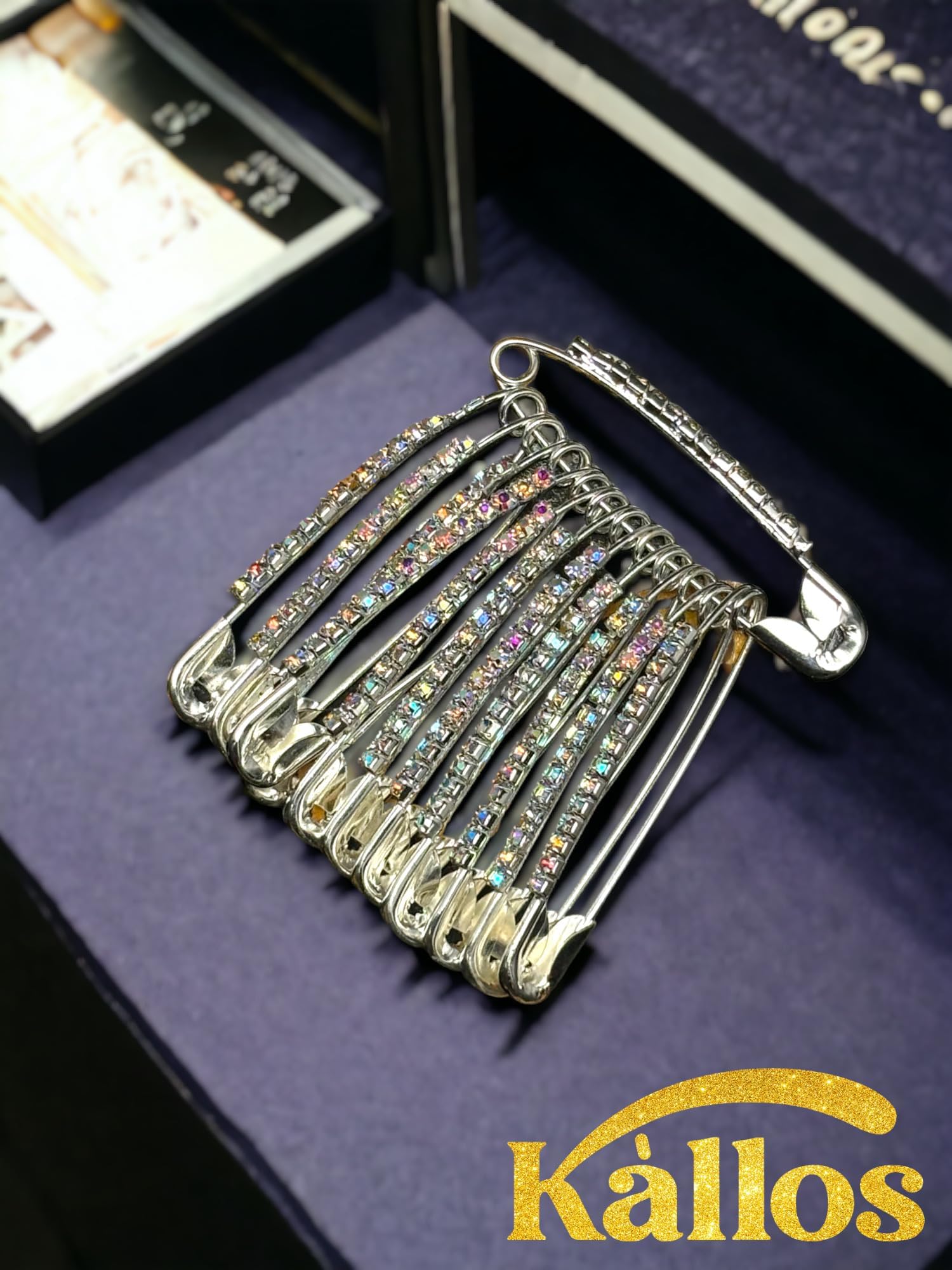 Safety Pins 12-Piece Elegant Decorative Safety Brooch Pins with Faux Crystal - Diamond stones Designer and versatile Pins for Sarees, Clothing, and Crafts by Kàllos