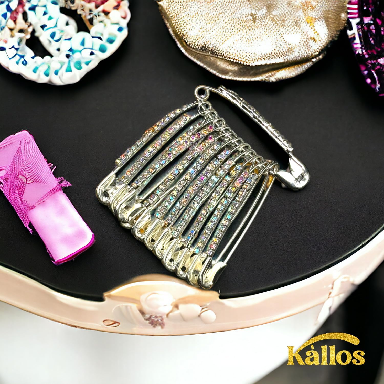 Safety Pins 12-Piece Elegant Decorative Safety Brooch Pins with Faux Crystal - Diamond stones Designer and versatile Pins for Sarees, Clothing, and Crafts by Kàllos