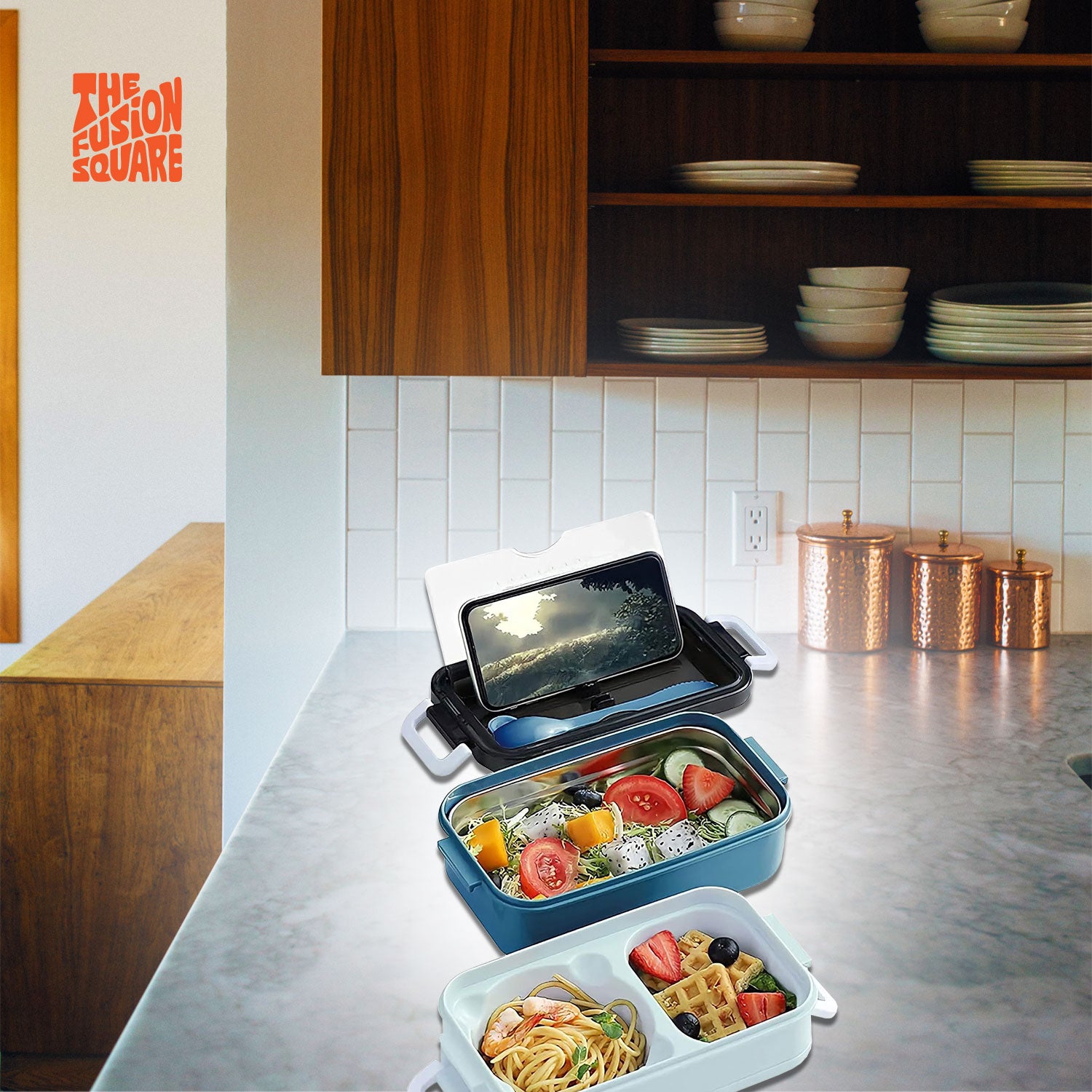 The Fusion Square Leakproof 4 Compartment Lunch Box With Utensils
