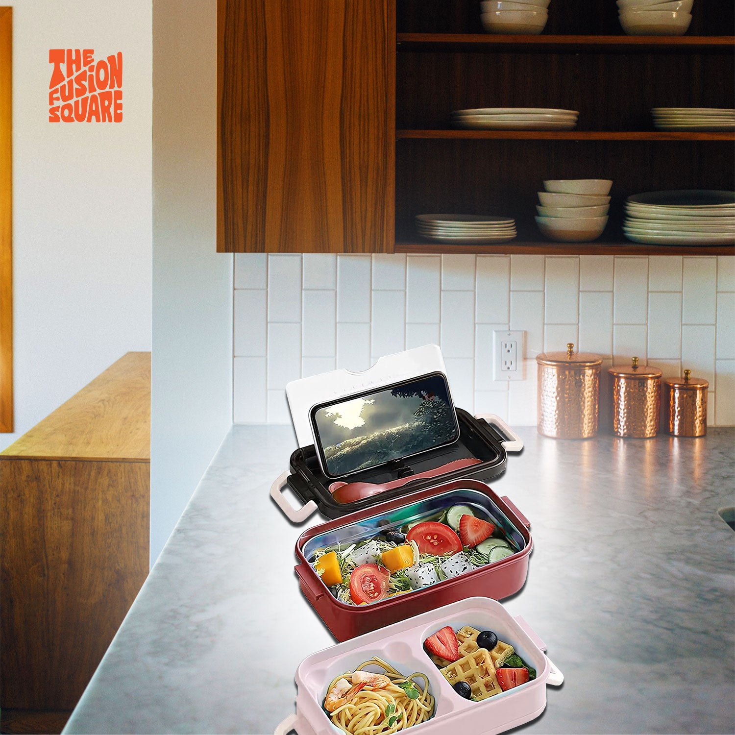 The Fusion Square Leakproof 4 Compartment Lunch Box With Utensils